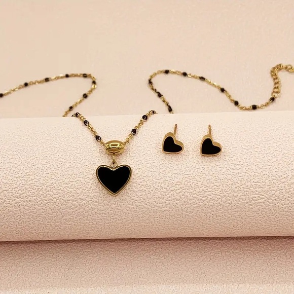 Gold and Black Heart Necklace and Earrings Set - Picture 2 of 5